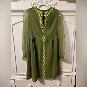 Vintage Green V-Neck Long Sheer Sleeve Dress